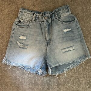 Kan can Paper bag waist destroyed jean shorts